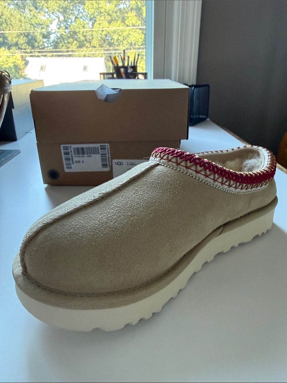 UGG Women's Sand Suede Slip-On Mule with Red Trim